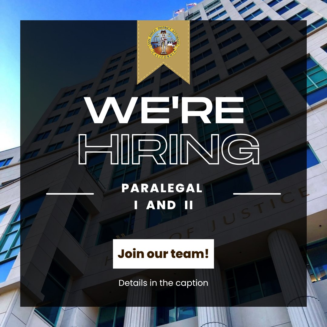 SDDistAtty's tweet image. 🚨 Now Hiring: Paralegal I &amp;amp; II 🚨
Join the San Diego County DA’s Office and make an impact through public service! ⚖️
🗓 Apply by Oct 31, 11:59 PM
🌐 Apply Here: governmentjobs.com/careers/sdcoun…

#PublicService #SanDiegoJobs #ParelegalJobs