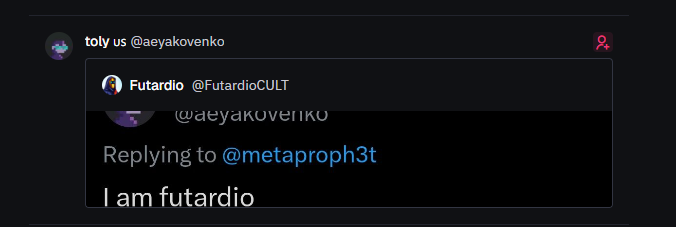 Toly just followed $FUTARDIO twitter.

He will 100% interact