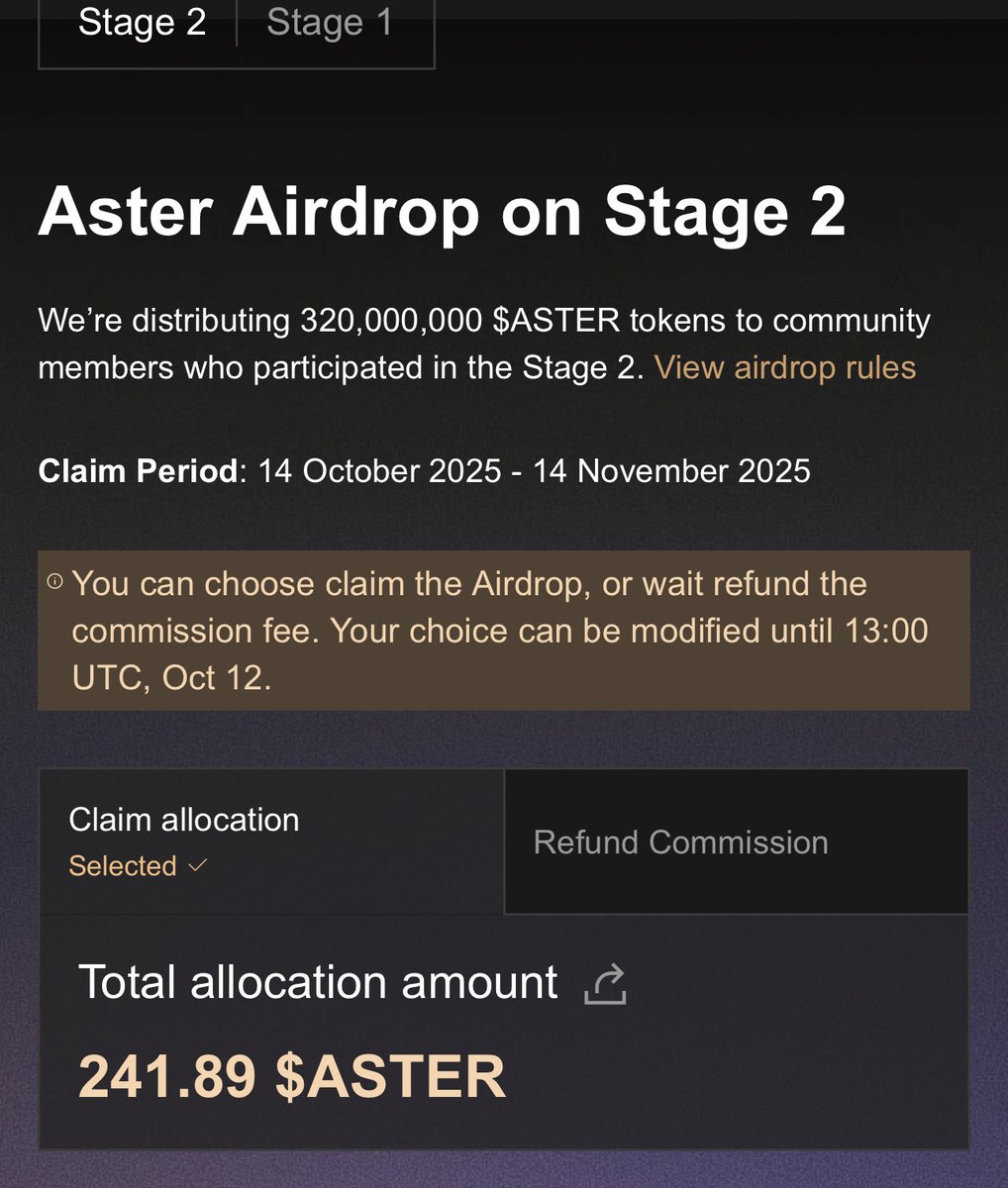 Confirmed my official Stage 2 <a href="/Aster_DEX/">Aster</a> airdrop and its a bit lower compared to the estimates. That is totally fine. 

Where do we go from here?
Continue farming points for Stage 3. 

$ASTER coded