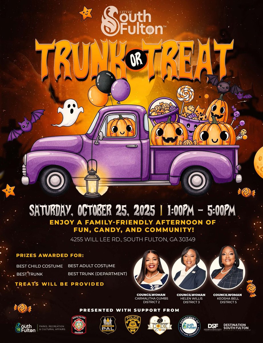 🎃 Trunk or Treat Alert! 👻

Join Councilwomen Helen Z. Willis, Carmalitha Gumbs, &amp; Keosha Bell on Sat, Oct 25 • 1–5PM at Welcome All Park for candy, costume contests &amp; spooky fun!

📍 4255 Will Lee Rd, South Fulton

#TrunkorTreat #SouthFulton #Halloween #COSF #CommunityFun