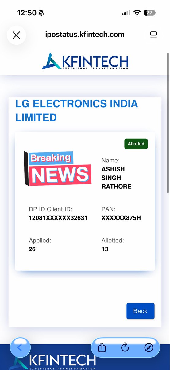 banna_686's tweet image. Finally Got this @LGIndia Ipo Applied 2 lot but got 1  lot .

Click here to check: ipostatus.kfintech.com

#LGelectronicsipo #ipo #happyDiwali