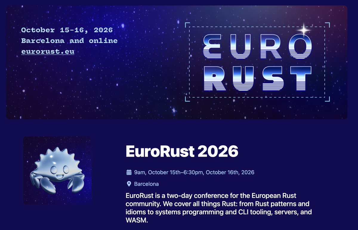 Oscar Franco (@ospfranco) on Twitter photo Just bought a ticket for <a href="/euro_rust/">EuroRust</a>  2026 in Barna. I've never been to a conference before and I don't know if I will be in Barna next year but I will not miss it Just bought a ticket for <a href="/euro_rust/">EuroRust</a>  2026 in Barna. I've never been to a conference before and I don't know if I will be in Barna next year but I will not miss it