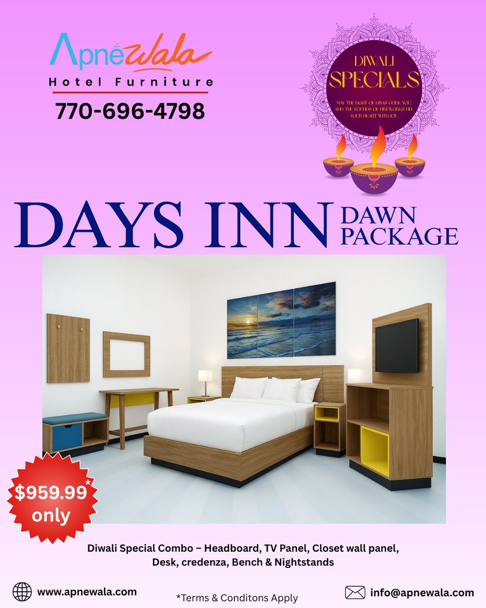 Apne_wala's tweet photo. This Diwali, give your hotel rooms a fresh new dawn! 🌅
Get the Days Inn Dawn Package — headboard, TV panel, desk &amp; more — for just $959.99.
Style, quality, and savings that shine bright. ✨
📞 Let’s connect: 770-696-4798
🌐 Visit: https://t.co/k7IhlQUHzo
#DiwaliOffers #Apnewala https://t.co/FZRyRjDXg1