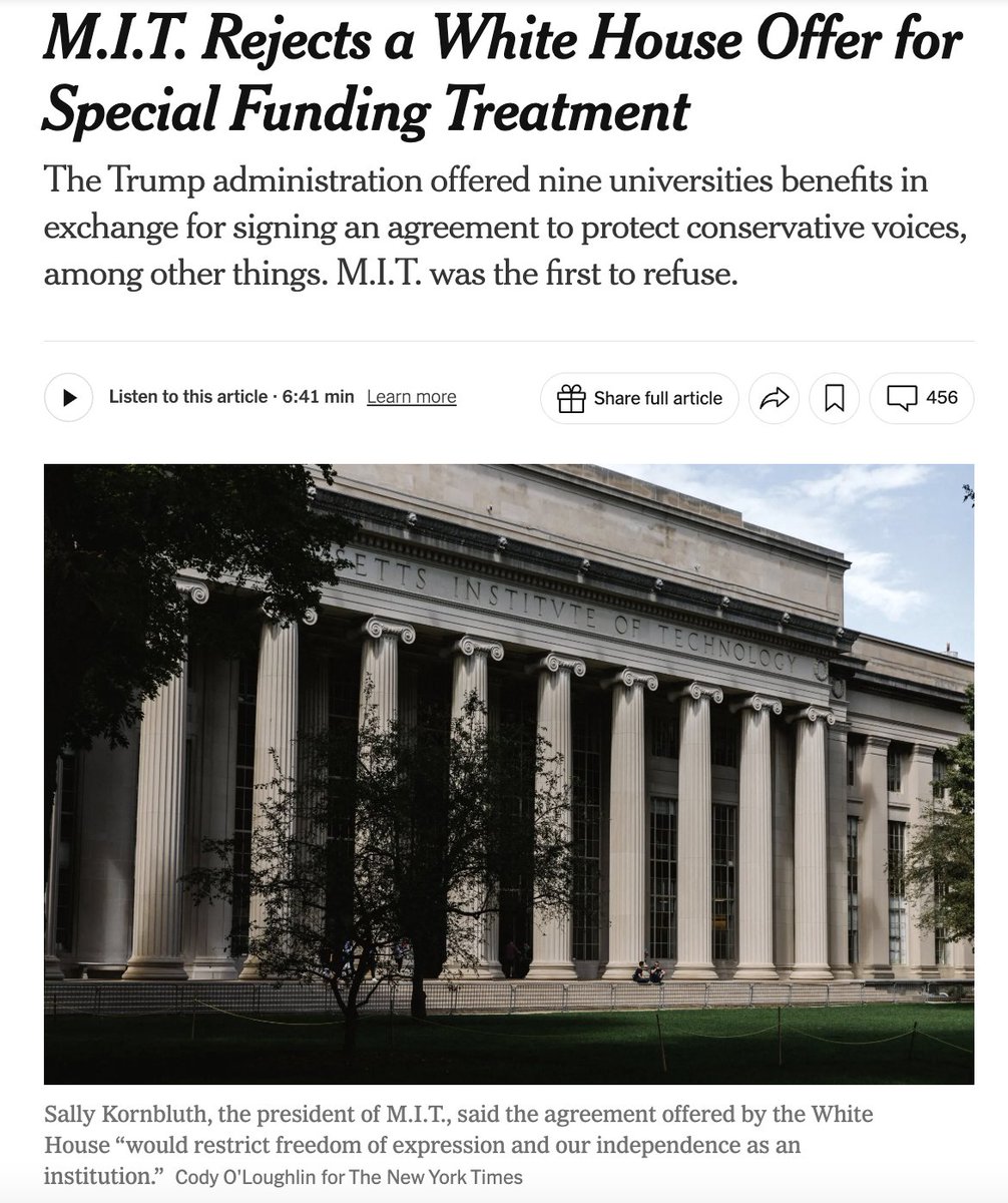 👏 <a href="/MIT/">Massachusetts Institute of Technology (MIT)</a> 

"M.I.T. became the first university to reject an agreement that would trade support for the Trump administration’s higher education agenda in exchange for favorable treatment.

The proposal, called the “Compact for Academic Excellence in Higher Education,” was sent to