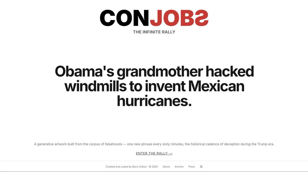 barrylsutton's tweet image. Con Jobs is now fully autonomous. One new generation every 60 minutes, on the hour- the approx historical cadence of lies during the Trump era. Rally mode increases that by 100x, replaying the Con Jobs in the archive every 36 seconds. 📢