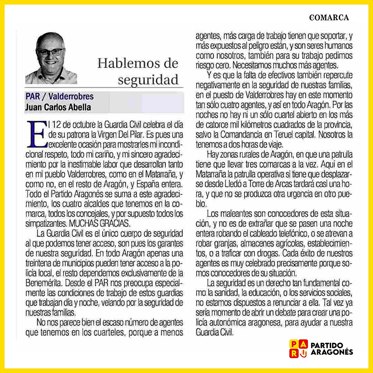 AragonPAR's tweet image. 👀 Lectura para la sobremesa ☕️ de un sábado de finde largo
📄 Artículo de opinión
☝️👮♂️🗣️→ "Hablemos de seguridad" ←
✍️ por Juan Carlos Abella. #PartidoAragonés – PAR / #Valderrobres #Aragón
🟨🟥🟨