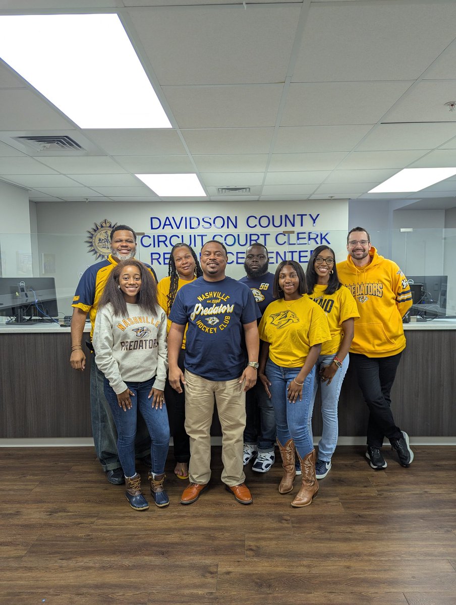 MetroCircuit's tweet image. What a way to start the season 🎊. Congrats to the @PredsNHL on their home opener win! The Circuit Court Clerk’s Office is behind you all the way — here’s to a season full of energy, teamwork, and victory! 💛💙 #Smashville #ServiceIntegrityExperienceInnovation