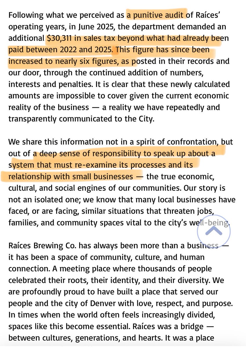 dobetterdnvr's tweet photo. Small businesses are the heart of Denver but right now, @TheCityofDenver is breaking them.

Raíces Brewing was hit with retroactive tax assessments totaling nearly $100,000, including unpaid sales taxes, personal property taxes on furniture and equipment they claim they were never notified about, and mounting penalties without warning. The brewery’s founders felt harassed by city officials, ultimately forcing their closure after nearly a decade of fostering community through cultural events and local jobs.

Raíces Brewing isn’t an isolated case. Denver punishes instead of supports and we’re driving out the very people who make Denver special.

We can’t claim to be a city that celebrates small businesses while burying them under red tape, fees and surprise debt.

It’s time to fix this broken system that treats community builders like criminals for doing business in their own hometown. Is it a coincidence this business is several blocks from @Broncos new site location at Burnham Yard. 

#DenverSmallBiz #JusticeForRaices #SupportLocal #DoBetterDNVR