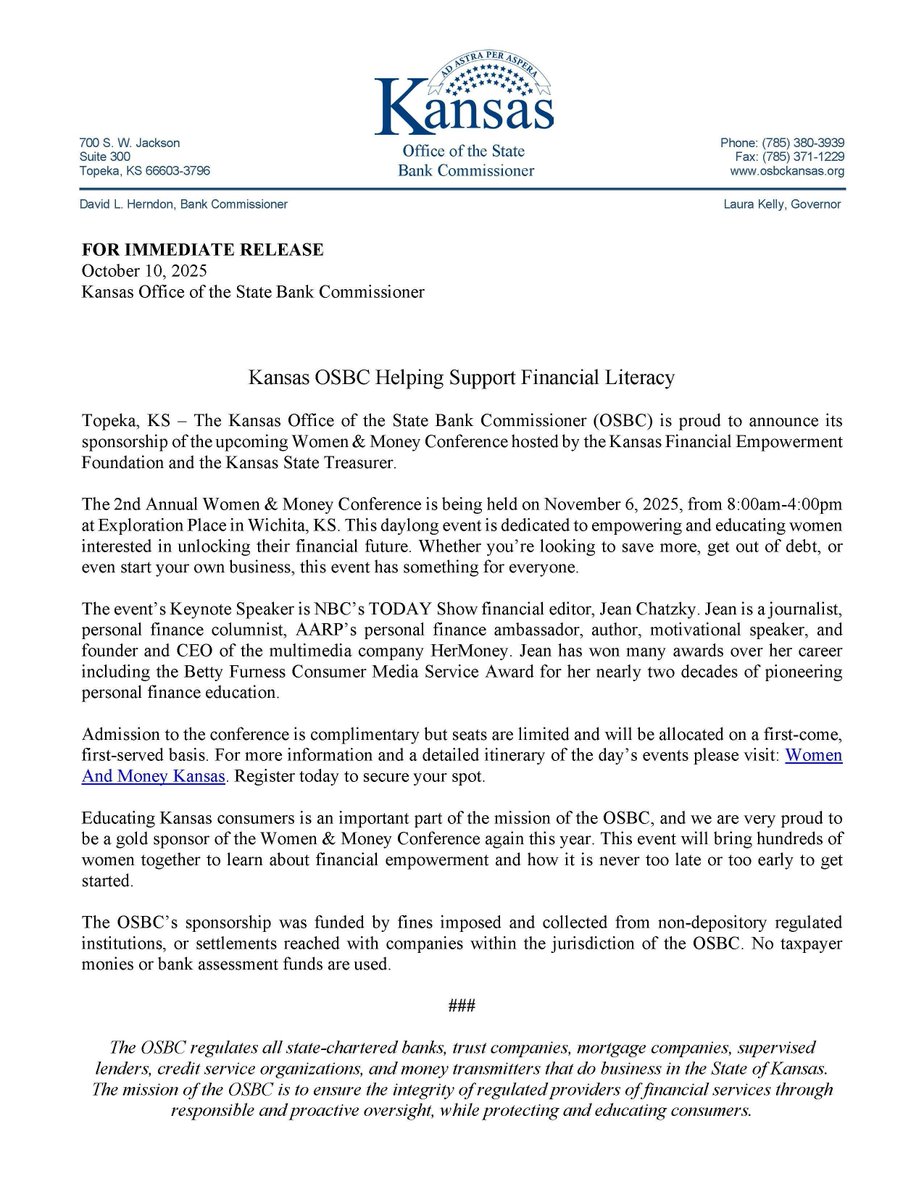 Kansas Office of the State Bank Commissioner tweet media