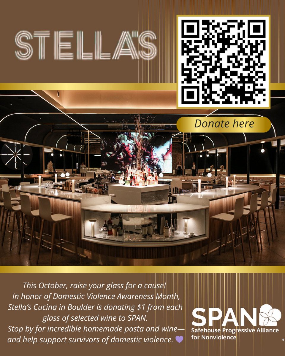 FollowSPAN's tweet photo. No plans this weekend? We’ve got a great idea!
Head over to Stella’s Cucina for some amazing homemade pasta and a glass of selected wine that supports survivors of DV. 💜
For each glass purchased, Stella’s will donate $1 to SPAN (Safehouse Progressive Alliance for Nonviolence). https://t.co/lpuxqO7tn5