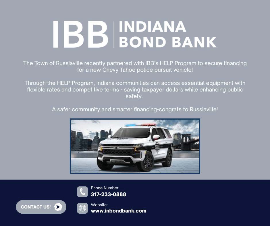 IBB is thrilled to partner with the Town of Russiaville to finance a new police pursuit vehicle. Our HELP Program assists communities with financing their essential equipment. Visit inbondbank.com to learn more‼️🚨