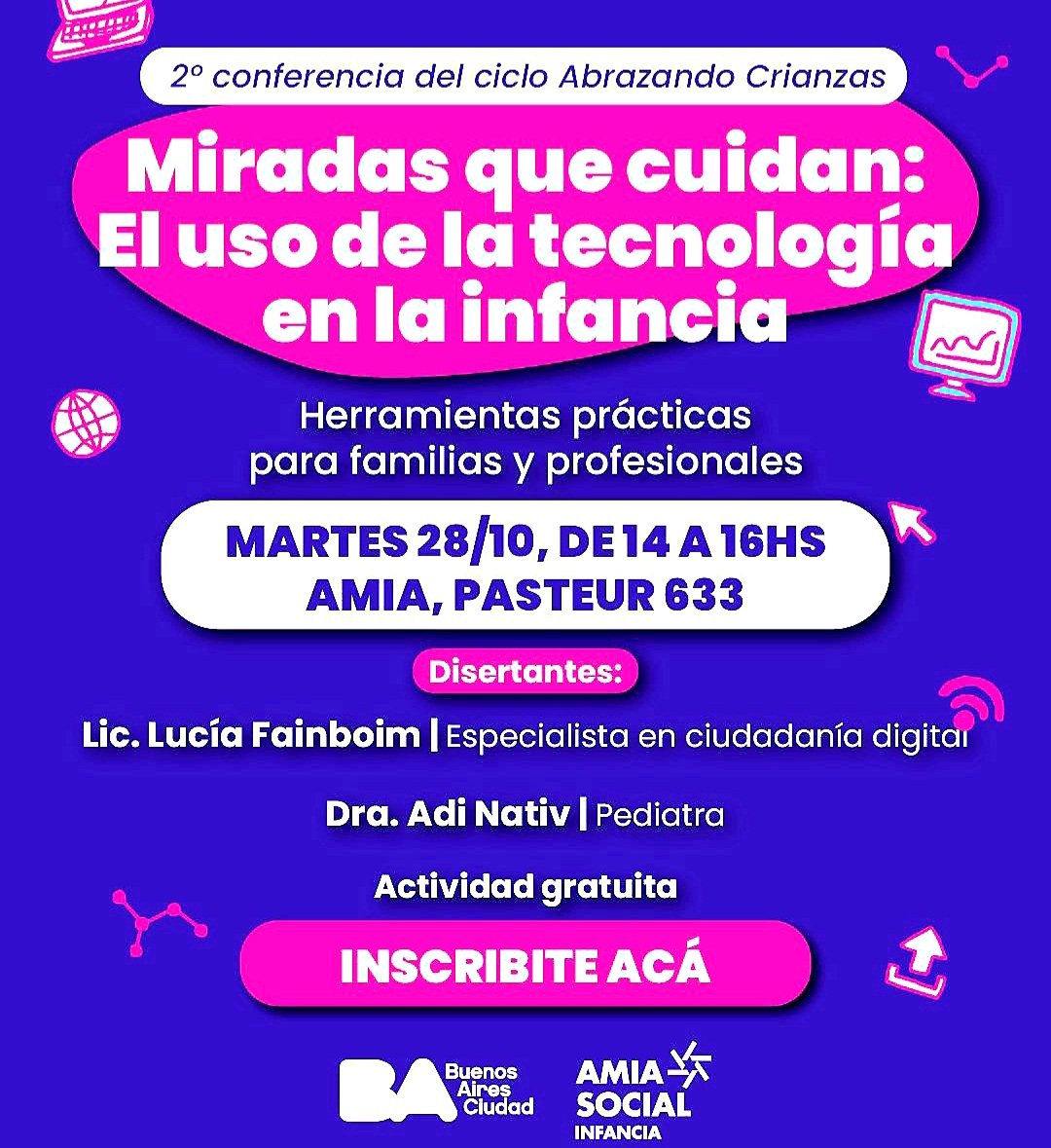 apreneduca's tweet photo. "Miradas que cuidan: el uso de la tecnología en la infancia”
Contaremos con especialistas invitadas para reflexionar sobre el uso responsable de la tecnología en la infancia y brindar herramientas a familias,profesionales y organizaciones.
28 de octubre de 14 a 16 hs,Pasteur 633. https://t.co/EbQ8ZSCVNu