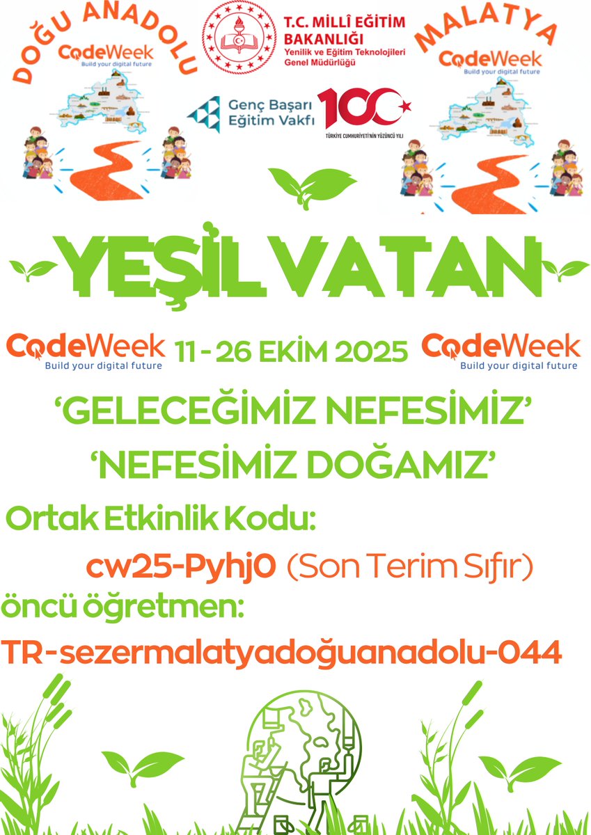 ssefasezer's tweet image. Okul öncesinden lise kademesine kadar tüm öğrencilerimizin, öğretmenlerimizin ve kurumlarımızın katılımıyla çevre temalı kodlama, dijital tasarım ve sürdürülebilir teknoloji projeleri geliştirilecektir. codeweek.eu/view/1307446/g…
#ÇARE #CodeWeek
@meb_dhgm
#Eğitim #YesilVatan