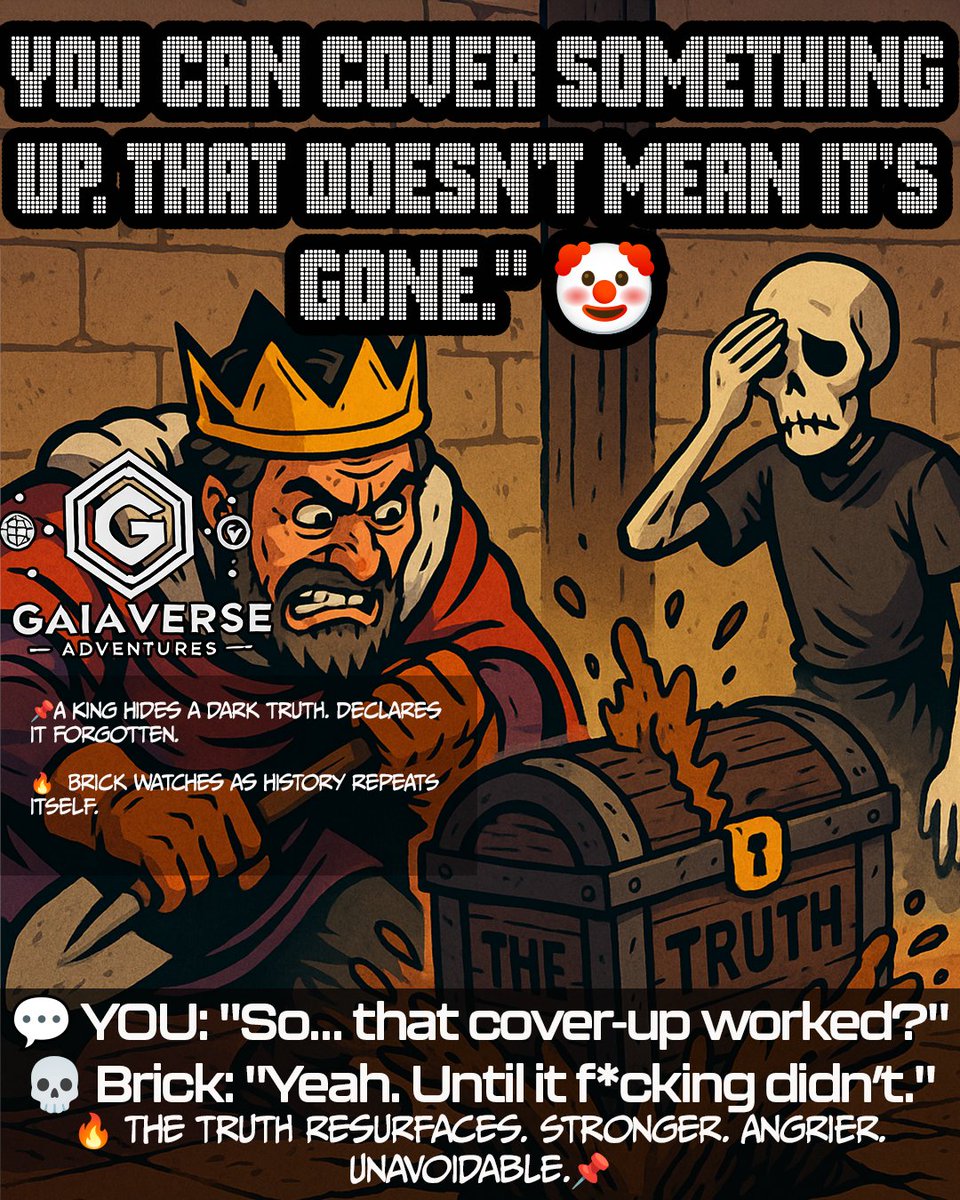 GVA_Adventures's tweet photo. 📌 Scene 3: "What is Buried is Not Always Dead."
"You can cover something up. That doesn’t mean it’s gone." 🤡
📌 A king hides a dark truth. Declares it forgotten.
 🔥 Brick watches as history repeats itself.
 💬 YOU: "So… that cover-up worked?"
 💀 Brick: "Yeah. Until it f*cking didn’t."
📌 The truth resurfaces. Stronger. Angrier. Unavoidable.
👇 Tag someone who thinks ignoring a problem will make it disappear.
#BrickWouldveHandledIt #ThePastAintSilent #GVAThisWasAvoidable