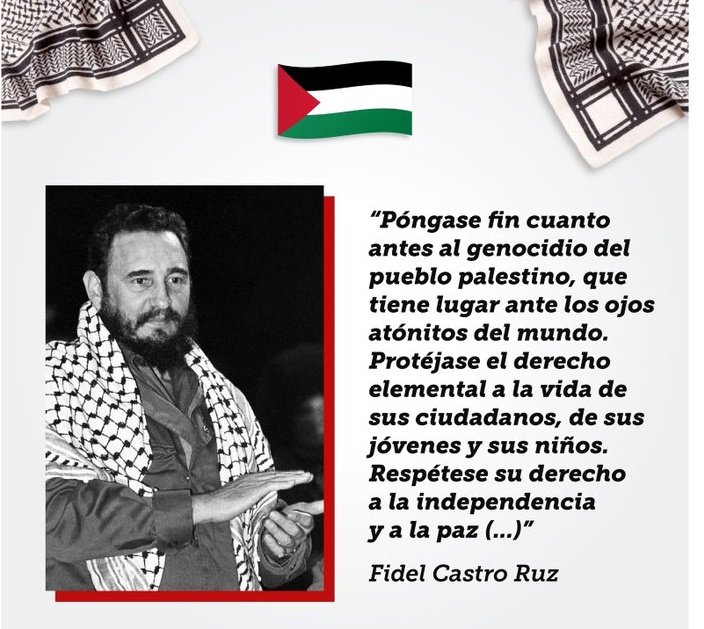 "No debemos arrepentirnos jamás de haber escrito una de las páginas más hermosas de la solidaridad entre los pueblos (...)"
#FidelPorSiempre
#CubaConPalestina