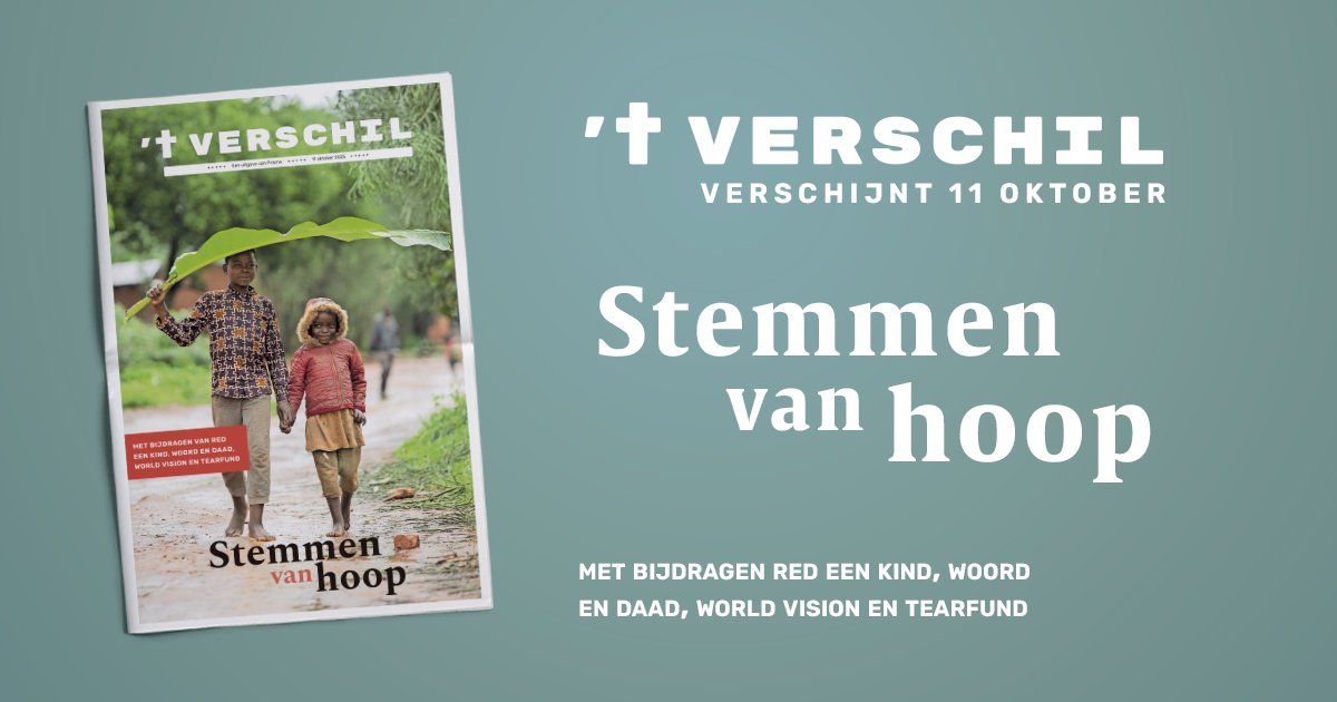 Morgen valt er weer een nieuw nummer van 't Verschil op de mat. Hierin klinken stemmen van #hoop. Een bijzondere editie met het oog op de aanstaande #verkiezingen. Stemt u hoop? Een #samenwerking tussen <a href="/Prismaweb_org/">Prisma</a> leden <a href="/WoordenDaad/">Woord en Daad</a>, <a href="/redeenkind/">Red een Kind</a>, <a href="/TearfundNL/">Tearfund NL</a> en <a href="/WorldVision/">World Vision</a>.