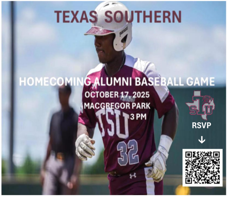 Calling all former TSU baseball players, B phi, new school/old school… let’s Pack Da Mac for a memorable evening with Coach Rob as this is his last alumni game! Let’s send him out with a bang.!If you’re coming/plan  on coming please RSVP thru the QR code provided on the flyer.