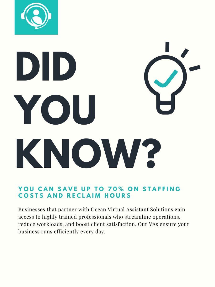 oceanvastaffing's tweet image. Partnering with OVAS helps businesses save up to 70% on staffing costs and reclaim valuable hours. ⏰

Our skilled VAs handle admin tasks, client follow-ups, and scheduling—so you can focus on growth and clients. 🌊

#VirtualAssistant #BusinessGrowth #OceanVirtualAssistant
