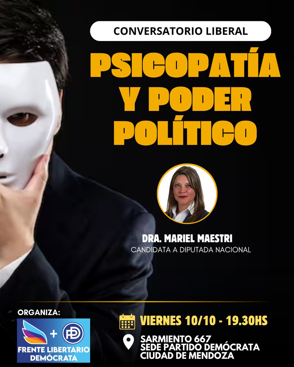 Conversatorio y debate sobre Salud Mental. Viernes 10/10 a las 19.30 hs. Sarmiento 667 de ciudad, sede PD.
-Necesidad de cambiar la Ley Nacional de Salud Mental.
-Apto psíquico para cargos electivos. Psicopatía en el poder político.
#SaludMental 
@marielm_mza 
<a href="/GabrielSottile/">Gabriel Sottile</a>