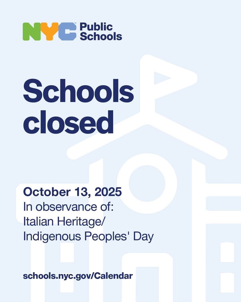 NYCSchools's tweet image. REMINDER: New York City Public Schools will be closed on Monday, October 13 in observance of Italian Heritage Day and Indigenous Peoples’ Day.
 
schools.nyc.gov/calendar