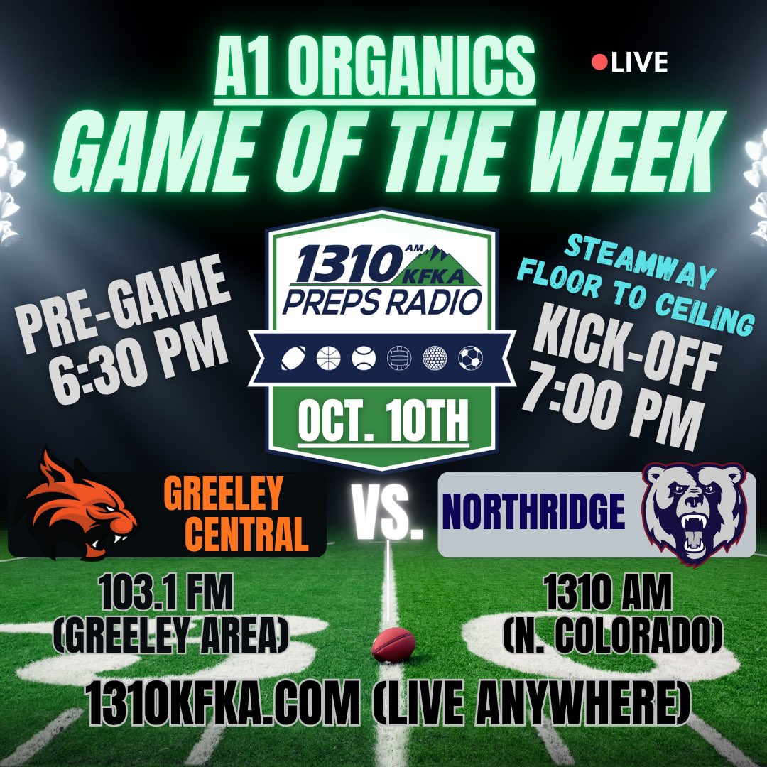 Looking forward to tonight’s <a href="/a1organics/">a1organics</a> game of the week! We are live at District 6 for <a href="/GCWildcatNation/">Greeley Central Athletics</a> vs. <a href="/NorthridgeFootb/">Northridge  Football</a> 

 <a href="/KCCAJohnson4/">Kyle Johnson</a> and <a href="/conlan_moe/">Conlan Moe</a> on the call for this great matchup.