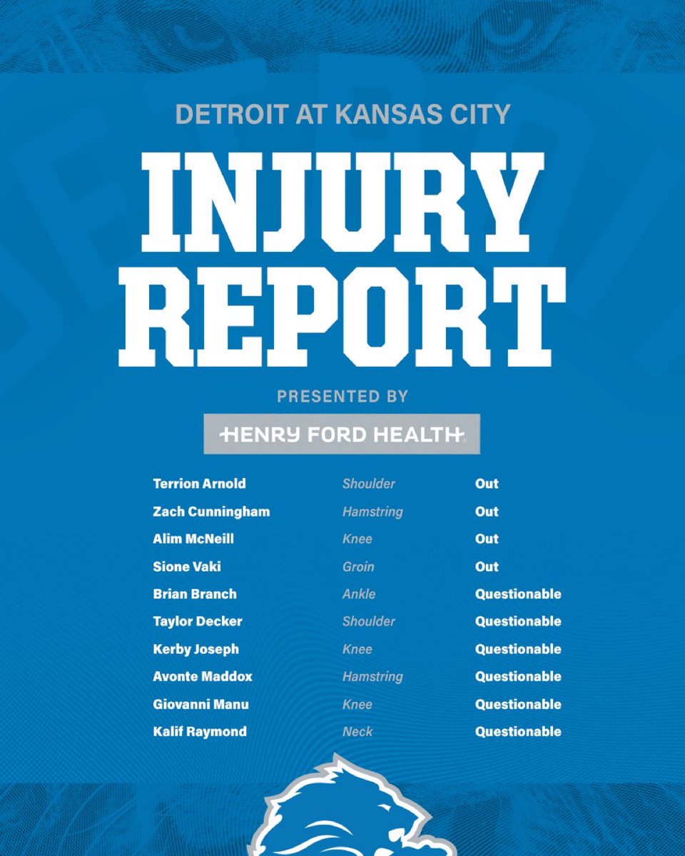 AdamSchefter's tweet image. Lions ruled out four players for Sunday night’s game in Kansas City, including starting cornerback Terrion Arnold.