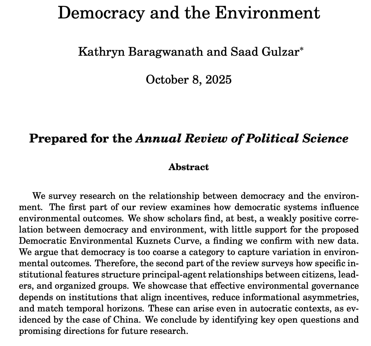 Just posted a new review paper I co-authored with <a href="/KathrynBaragwa/">Kathryn Baragwanath</a>. It is prepared for the Annual Review of Political Science. Comments welcome! Link in thread.