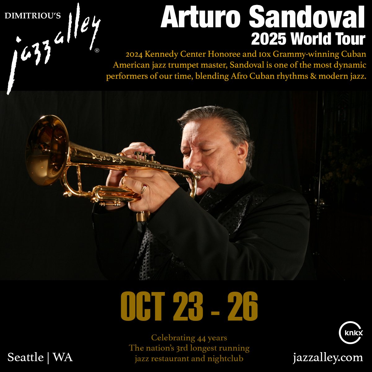 Gypsy jazz with the debut of <a href="/TatianaEvaMarie/">Tatiana Eva-Marie</a>  &amp; The Avalon Jazz Band plus four nights of trumpet legend Dr. Arturo Sandoval <a href="/sandovalarturo1/">Dr. Arturo Sandoval</a>  Get your tix at jazz alley.com and treat yourself to high vibration music!