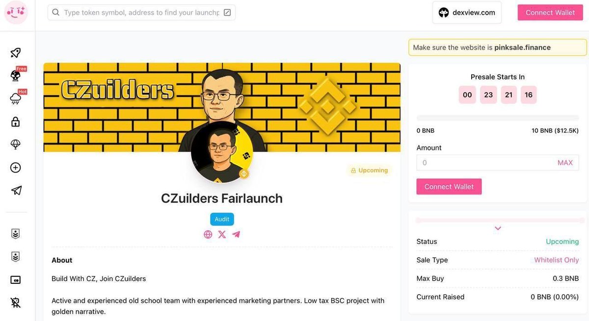 🚀Czuilders || Pinksale Presale

CZUILD will be holding a FL + WL presale. We'll be giving away spots to all of you who support us in the community. This is a meme token on the BSC network with a good team behind it, so it's an interesting opportunity. 

Presale Details: