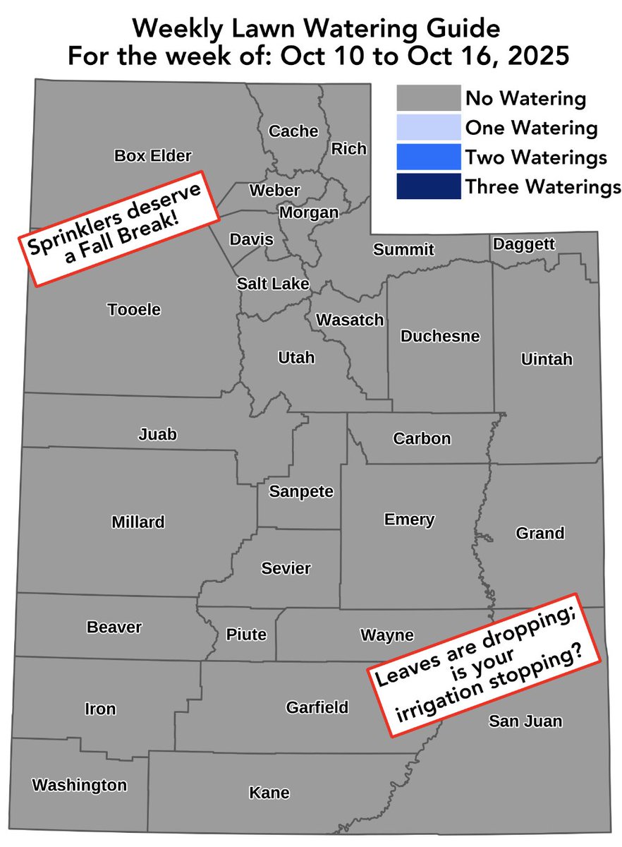 utahwaterres's tweet photo. Weekly watering strategy — let it rain. 🌧️Freezing temps are on the way &amp; many secondary systems are shutting down this week. No need to water! Take a look at your local weather &amp; start winterizing your irrigation system, if it’s time. #SlowTheFlow https://t.co/pUN3xMkmNp