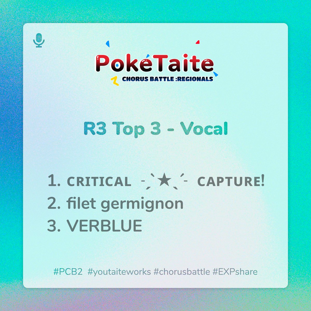 CB_PokeTaite's tweet image. Hey Trainers! Here are the top 3 for the vocal category in round 3! Congratulations!
#PCB2 #chorusbattle
