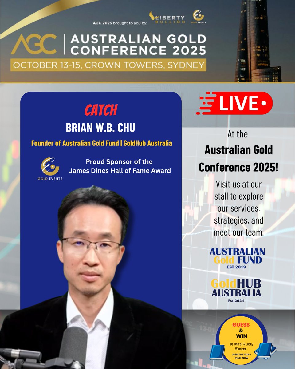 We’re excited to be at #AGC25! 🎉

Brian W.B. Chu will be presenting at the Australian Gold Conference.

Visit the Australian Gold Fund &amp; GoldHub Australia stall to meet our team and explore our services.

Visit GoldHub Australia for live charts, data, and mining stock insights: