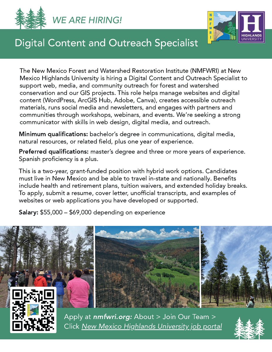 Do you enjoy communication and are familiar with ArcGIS? Do you like interacting with the public? Have an interest in wildfire mitigation? Our institute is hiring a Digital Content and Outreach Specialist! Find out more and apply through the NMHU portal: nmhu.peopleadmin.com/postings/9954