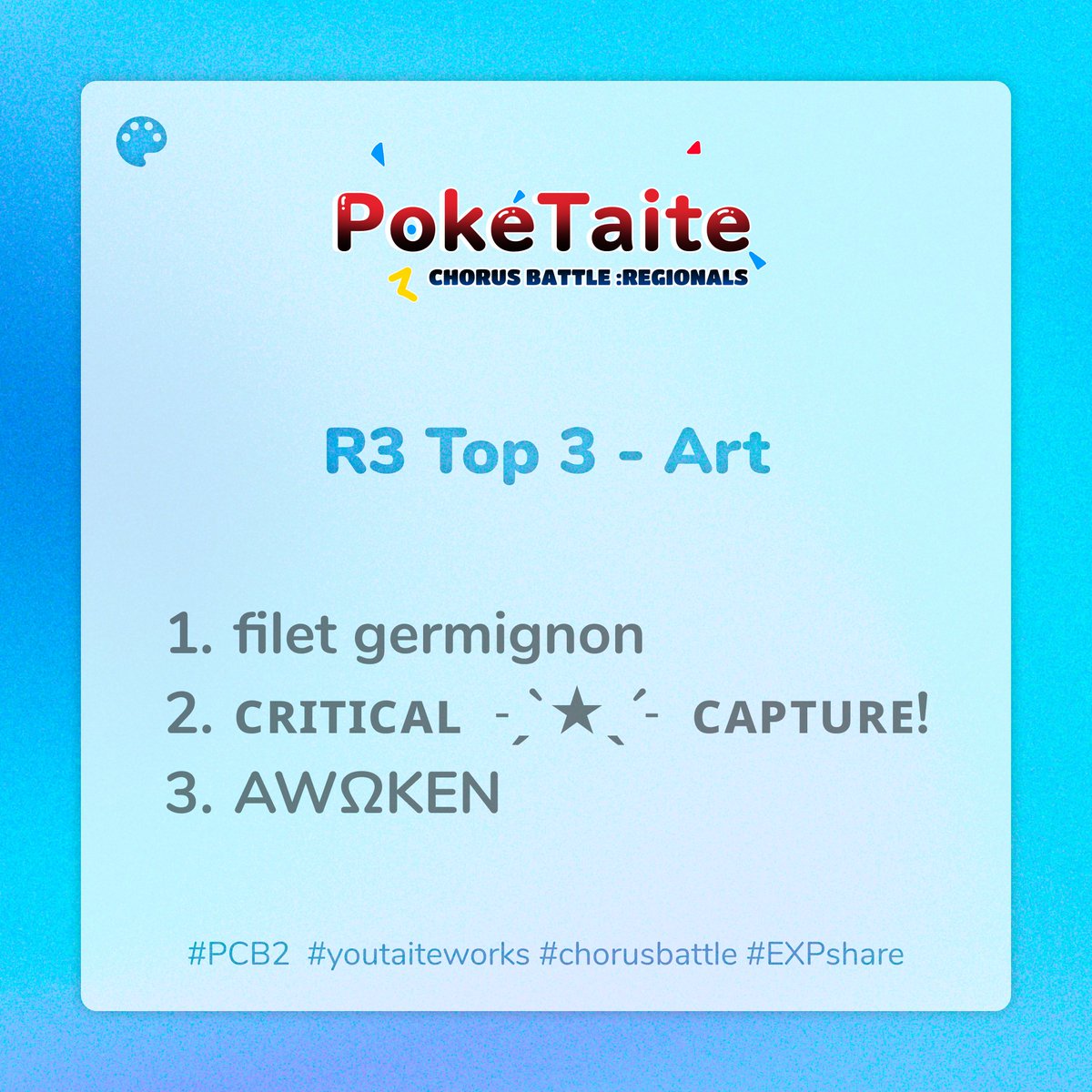 CB_PokeTaite's tweet image. Hey Trainers! Here are the top 3 for the art category in round 3! Congratulations!
#PCB2 #chorusbattle