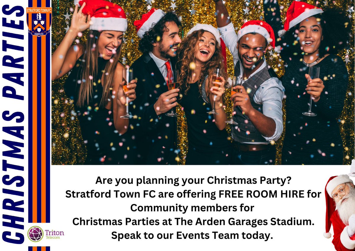StratfordTownFC's tweet image. 🧑‍🎄 CHRISTMAS PARTIES WITH THE BARDS
Are you looking for a venue for your Christmas Party? Talk to the Events Team at Stratford  Town today we still have some dates available. bookings@stratfordtownfc.co.uk
#ChristmasParty #Fun