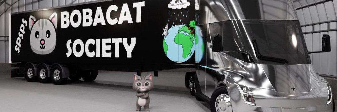 트럭과 고양이 마스코트가 있는 Boba Cat Society 홍보 이미지