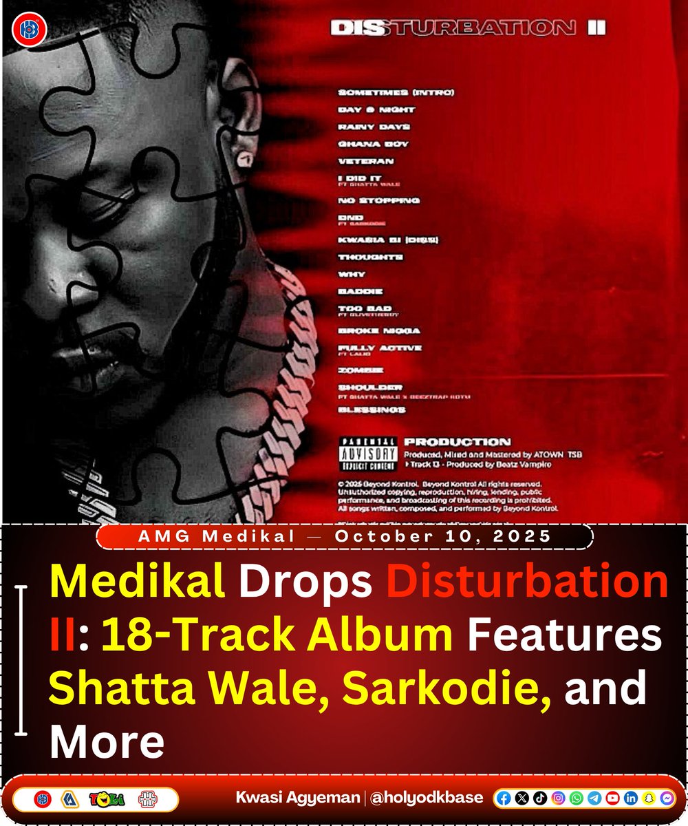 KwaAgyeman's tweet image. Medikal Drops Disturbation II: 18-Track Album Features Shatta Wale, Sarkodie, and More at facebook.com/share/p/1LhXBH…

#HolyodkBase #music #Disturbation2 #medikal

Admin Eiii Adjoa tee Reject inaki Gyakie Fire on the mountain Serwaa Amihere