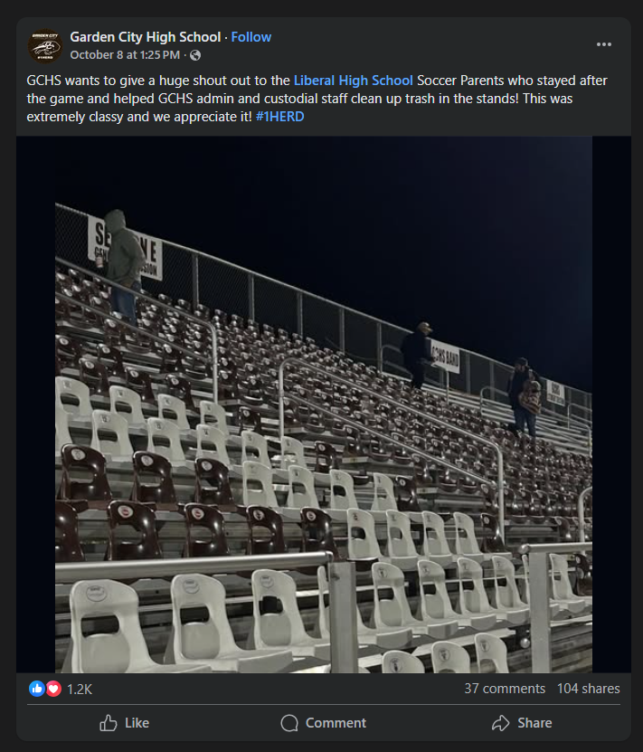 USD480's tweet photo. ICYMI: Tuesday, LHS Soccer lost a tough match to Garden City, but our parents reminded us all who we are when they helped clean the stands after the game. Thank you, LHS Soccer parents for the selfless act and thank you GCHS for celebrating the moment. #1HERD #ONFORLIBERAL #SWKS https://t.co/pxRpGM74jH