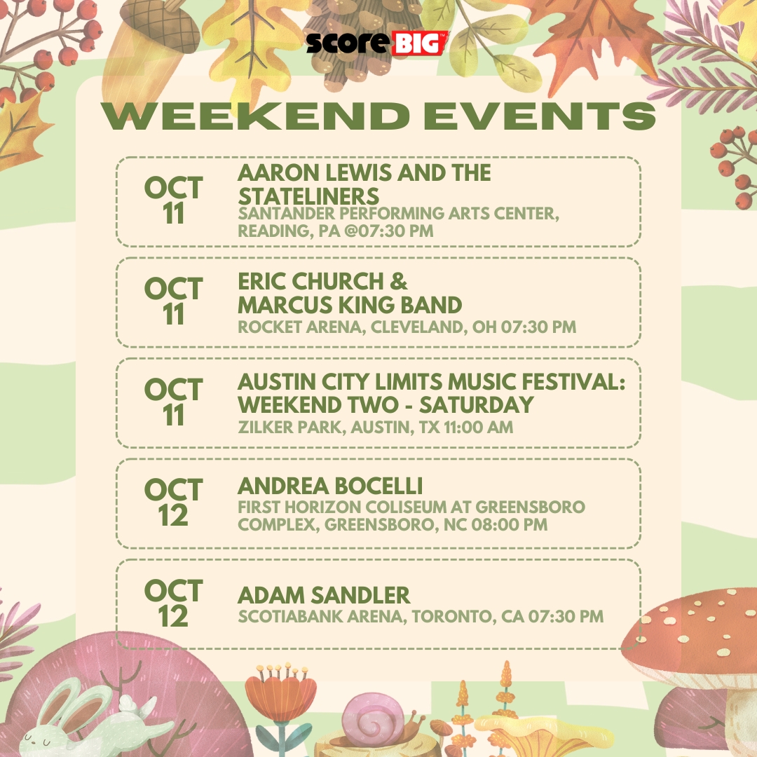 ScoreBig's tweet image. The air’s crisp, the shows are 🔥
From laugh-out-loud stand-up to moody fall concerts — we’ve got your ticket 🍁🎤
Find your perfect seat on ScoreBig this weekend! 🎫🍂

#events #concerts #tickets #weekend #weekendevents #fun #funevents