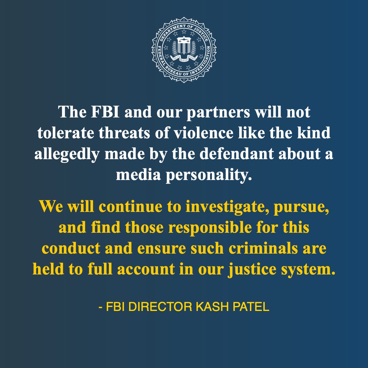 FBI's tweet image. California Man Charged Federally for Mailing Threat to Injure and Kill fbi.gov/news/press-rel… @FBITampa