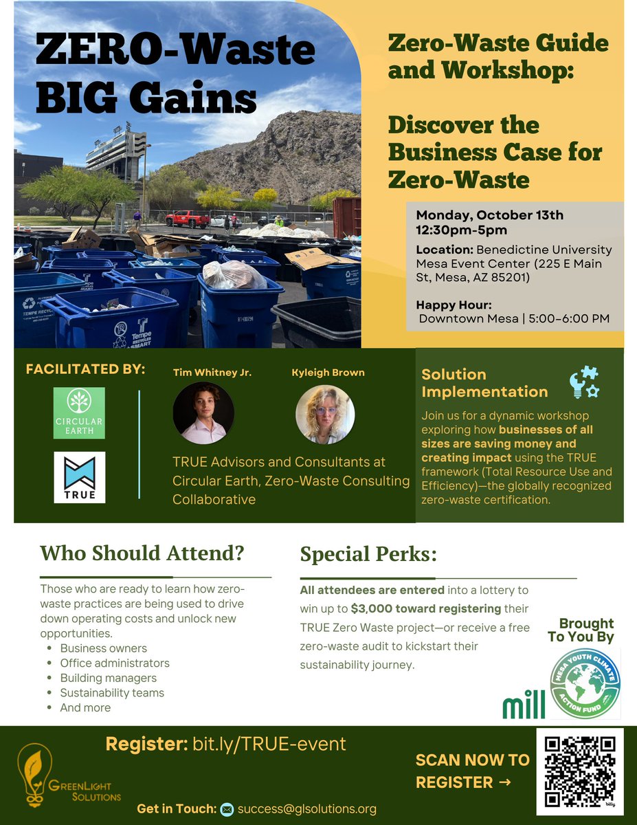 _GLSolutions_'s tweet image. 📢 One week left!
Join us Monday, Oct 13 for **ZERO-Waste BIG Gains** — workshops, networking, and a panel of experts driving zero-waste success.
🎉 Enter to win **$3,000** toward your business’s sustainability goals!
🎟 Register now: bit.ly/TRUE-event