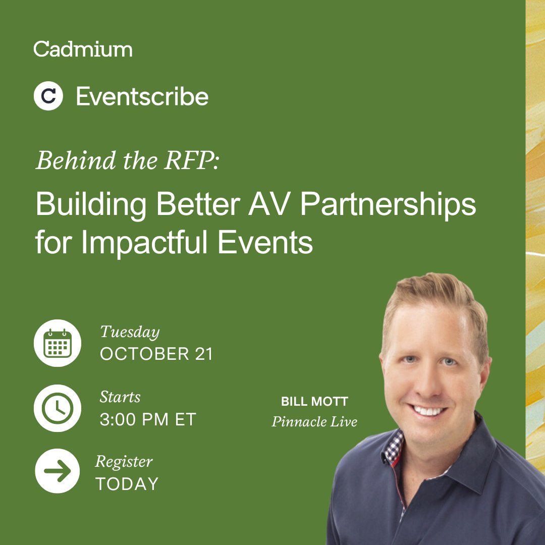 gocadmium's tweet image. Your AV RFP can make—or break—your event.
Join Cadmium + Pinnacle Live to learn how to avoid the pitfalls and craft RFPs that set your events up for success. hubs.la/Q03N8JG80

#EventProfs #EventTech #AV #HybridEvents #MeetingsAndEvents #Eventscribe #Cadmium