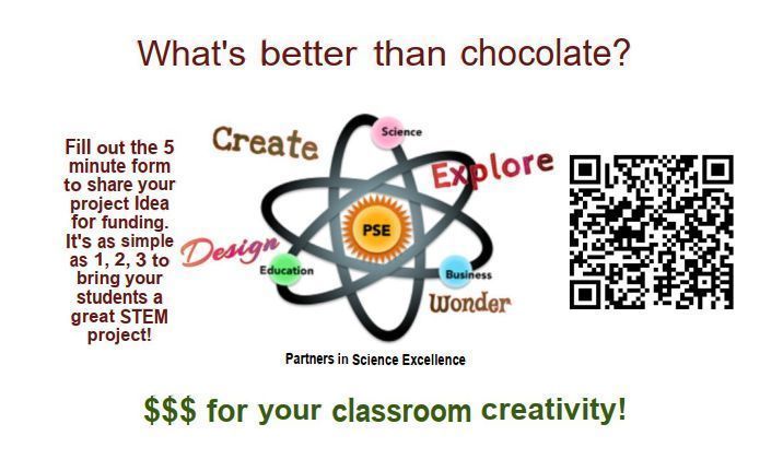 Partners in Science Excellence would like to fund your STEM project!  Teachers in Lake, Geauga, and Ashtabula counties can use the QR code or this link (lnkd.in/eh9vdK9M) to submit their ideas.  Submissions are due Nov 1, 2026.  Funding provided by The Lakeland Foundation.