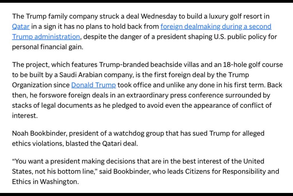 <a href="/RonFilipkowski/">Ron Filipkowski</a> Qatar (Authoritarian)
Air Base Deal ON US Soil: 

Trump gets plane and deal to build a GOLF resort in Qatar

“Trump family company struck a deal Wednesday to build a luxury GOLF resort in Qatar”

AND Trump’s son-in-law

“Kushner's Gets Extra $1.5 Billion From Qatar”

SOURCES: 👇🏽