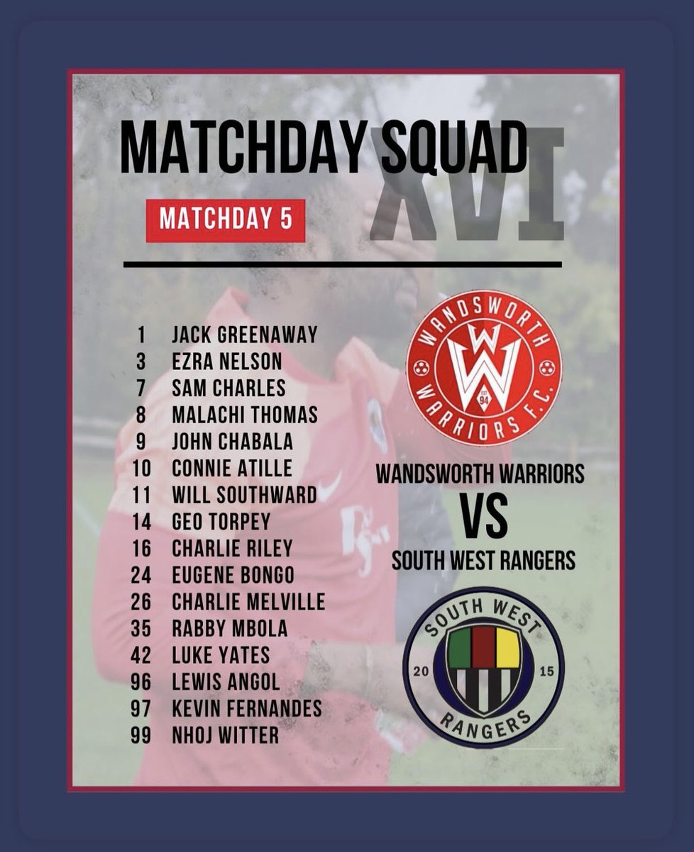Matchday 5️⃣ - 🔴🔵
This week we face <a href="/wwfc94/">Wandsworth Warriors FC</a> in the league - another big test and a chance to build on last week’s performance. The lads are ready.

10:30am | Garratt Park | SW17 0LB
#SWR #SundayLeague #SSFL #GrassrootsFootball #UpTheSWR <a href="/SouthernSunday/">Southern Sunday Football League</a>