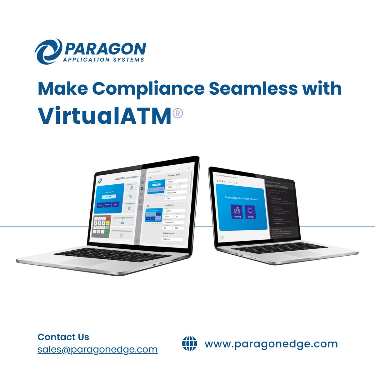 ParagonEdge's tweet image. 📋 Maintaining compliance doesn’t have to be complicated or time consuming. VirtualATM provides the tools and resources to make your ATM testing operations faster and more efficient than ever.

Connect with us: hubs.li/Q03MfNt50

#ATMtesting #testingautomation #secureQA