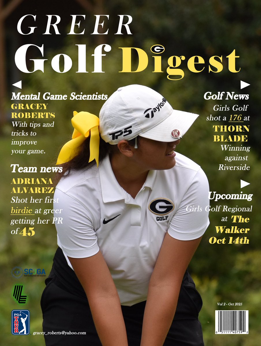 AthleticsGreer's tweet image. Shoutout to Gracey Roberts, a member of the GHS Girls Golf Team and talented Image Editing student, for designing this amazing mock magazine cover featuring the GHS Girls Golf Team! ⛳💛

#StudentSpotlight #ImageEditing #CTE