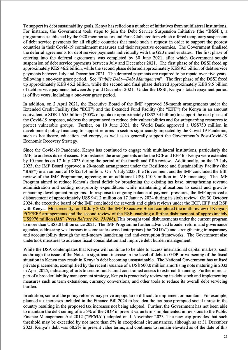 AmbokoJH's tweet image. The prospectus of Kenya&apos;s latest Eurobond issuance (US$750.0M 7.875% 2033 &amp;amp; US$750.0M 8.80% 2038) curiously states that the 9th Review of Kenya&apos;s ECF/EFF program with the IMF was concluded on July 10th, 2025 &amp;amp; yielded a US$976.0M disbursement. Huh? Are we looking at the same…