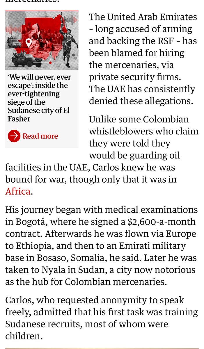SuldanMohamed_'s tweet image. #SOMALIA: A damning article written by @guardian.
According to the Guardian, ex-Colombian soldier under the alias ‘Carlos’ confirmed Colombians contracted under UAE-linked security firms were flown to Bosaso, Puntland, Somalia, before being deployed to #Sudan’s RSF frontlines.…