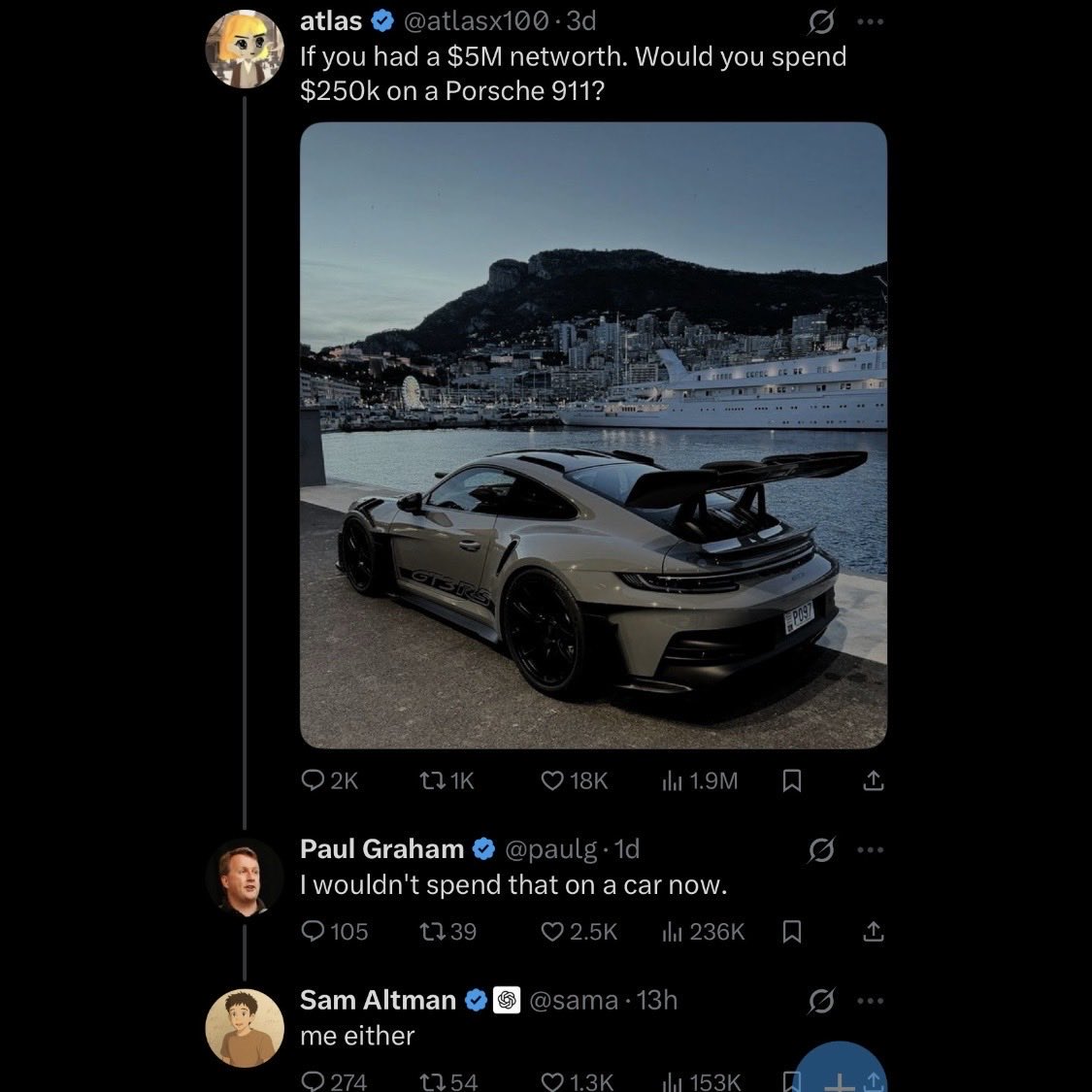 I’m seeing people saying it’s sad these rich guys won’t buy cool cars. Others are saying Sam is being hypocritical because he’s been spotted driving a car that costs well over $1 million. But that’s the joke. Paul thinks $250K is too expensive, while Sam thinks it’s too cheap.